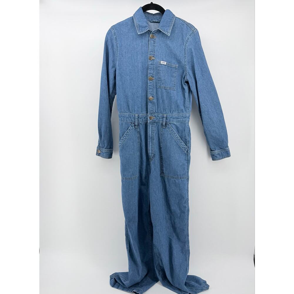 Vintage Lee Denim Boiler Jumpsuit Flare Leg 70s M Utility Butter Mom Western - Picture 2 of 8